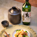 Wakatake “Onikoroshi” Junmai Daiginjo, a black ceramin tokkuri and cup, served with honey walnut shrimp