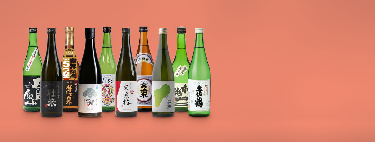 A row of assorted Japanese sake bottles in various glass colors and sizes, arranged against a solid peach-orange background.