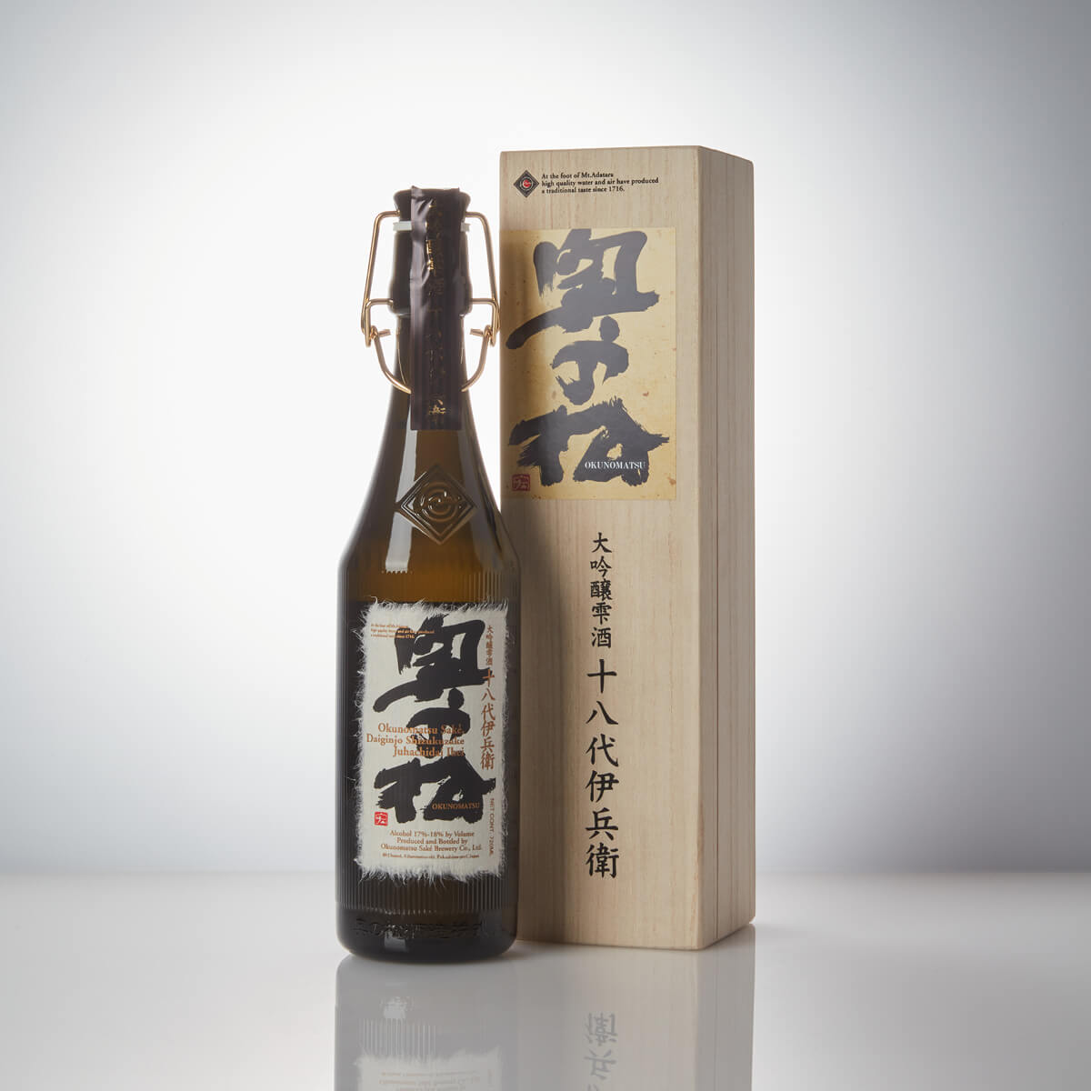 Okunomatsu “Ihei” Daiginjo, standing in front of a product box