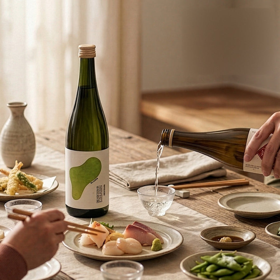 Sake from one of our direct imports poured at a dinner table