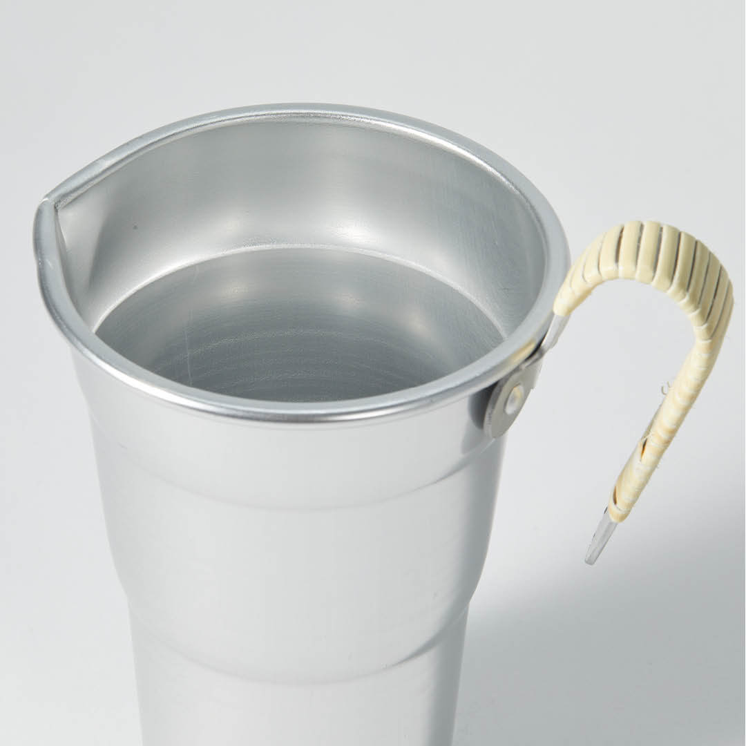 Aluminum Chirori Sake Warmer, upward angled close view