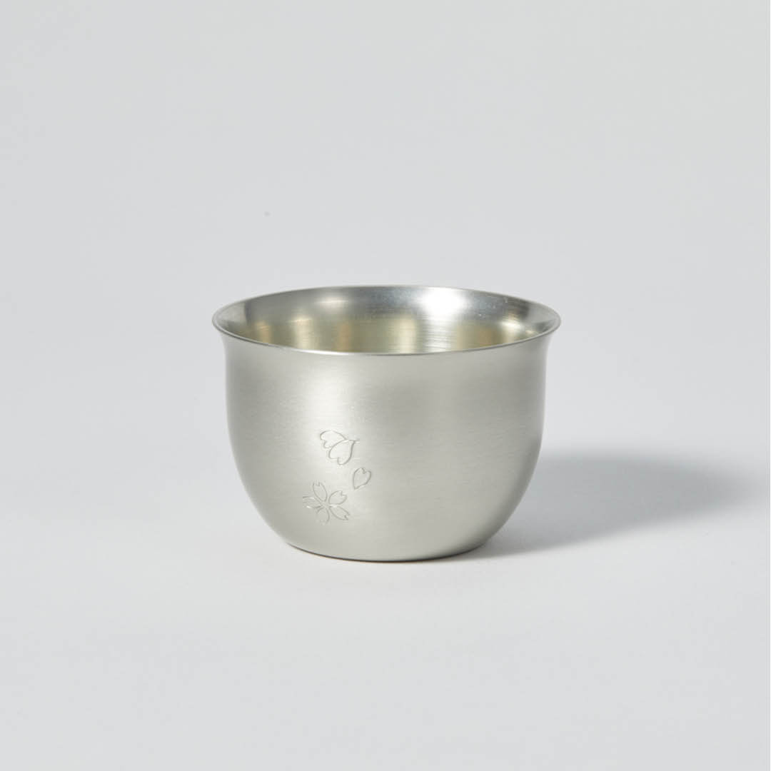 “Hana” Tin Guinomi Cup (With Flower Detail), upward angled view