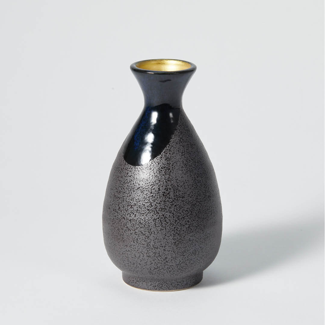 “Mino no Takumi” Black Tokkuri With Blue Drip Glaze and Gold Interior, upward angled view