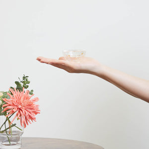 “Nishiki” Gold Flake Guinomi Glass (Clear), on a hand