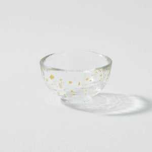 “Nishiki” Gold Flake Guinomi Glass (Clear), upward angled view