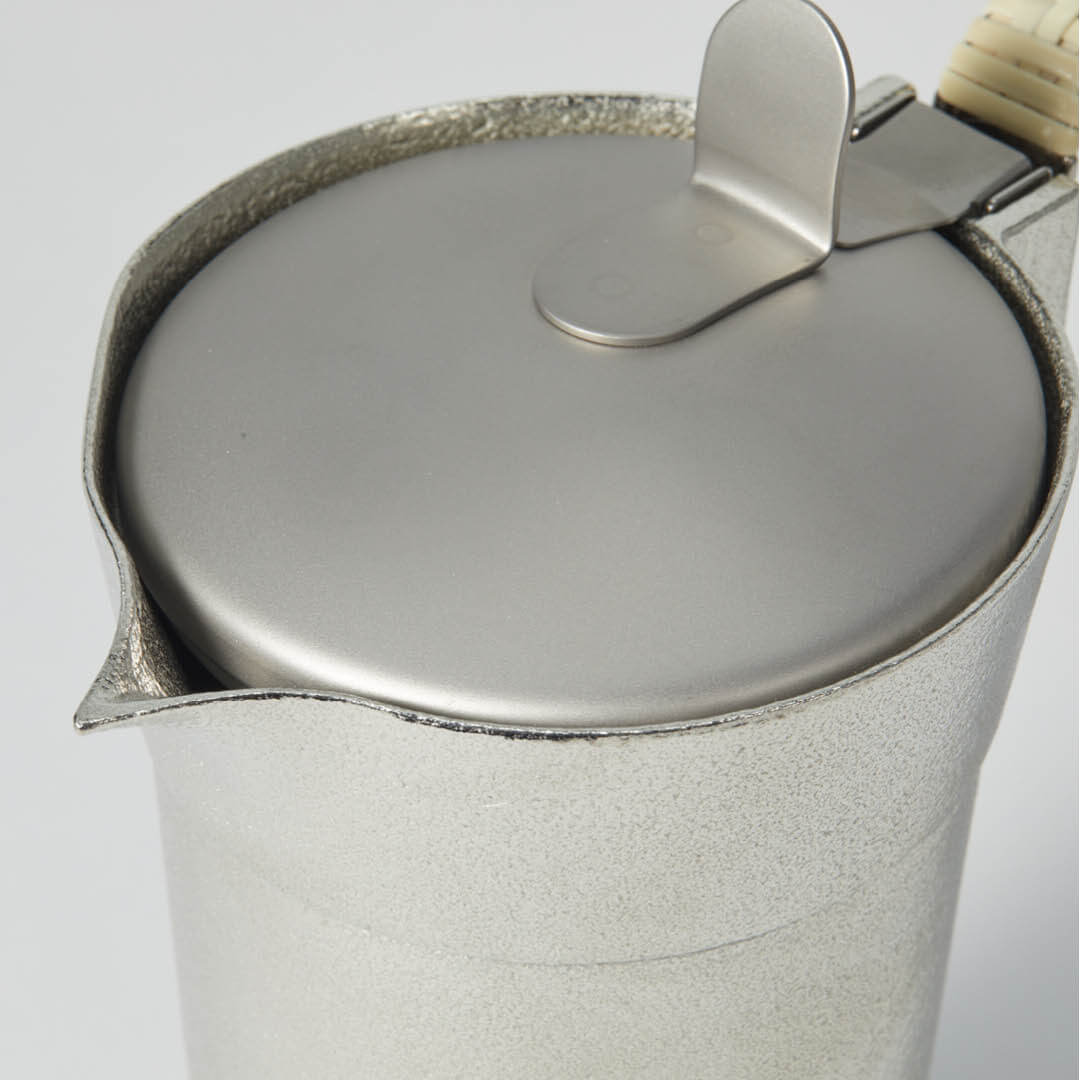 “Nousaku” Tin Chirori Sake Warmer With Lid, upward angled close view