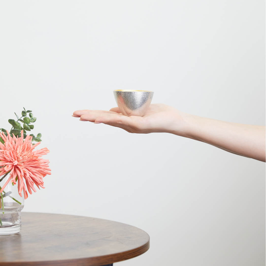 “Nousaku” Tin Gold Sake Set, on a hand