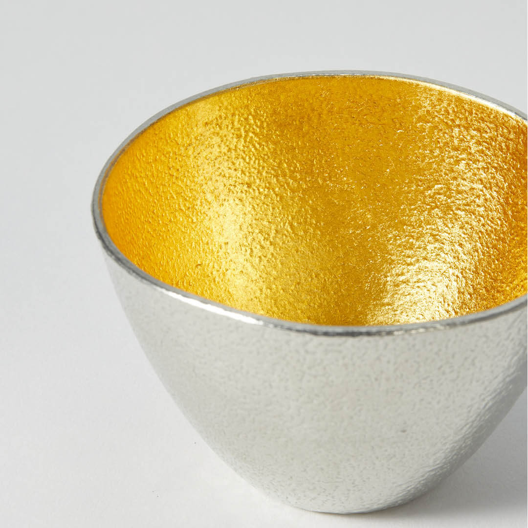 “Nousaku” Tin Guinomi Cup Gold, upward angled close view