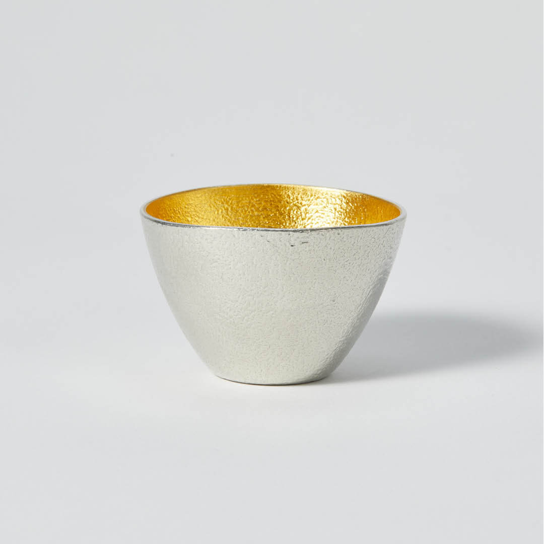 “Nousaku” Tin Guinomi Cup Gold, upward angled view