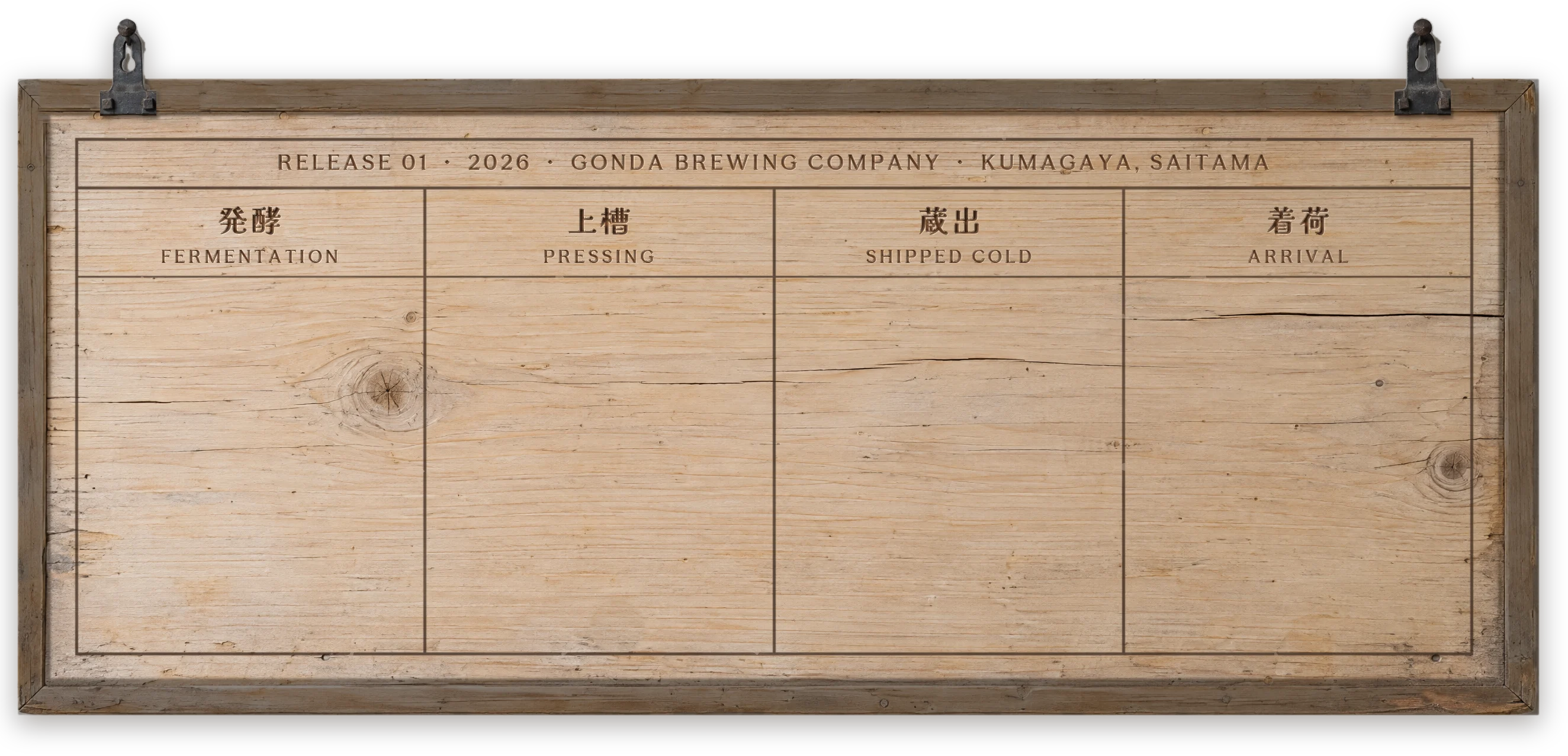 A wooden process board from Gonda Brewing Company: one pale cedar plank in a thin wooden frame, with two nailed iron hanging brackets, with four carved columns: 発酵 Fermentation, 上槽 Pressing, 蔵出 Shipped cold, 着荷 Arrival